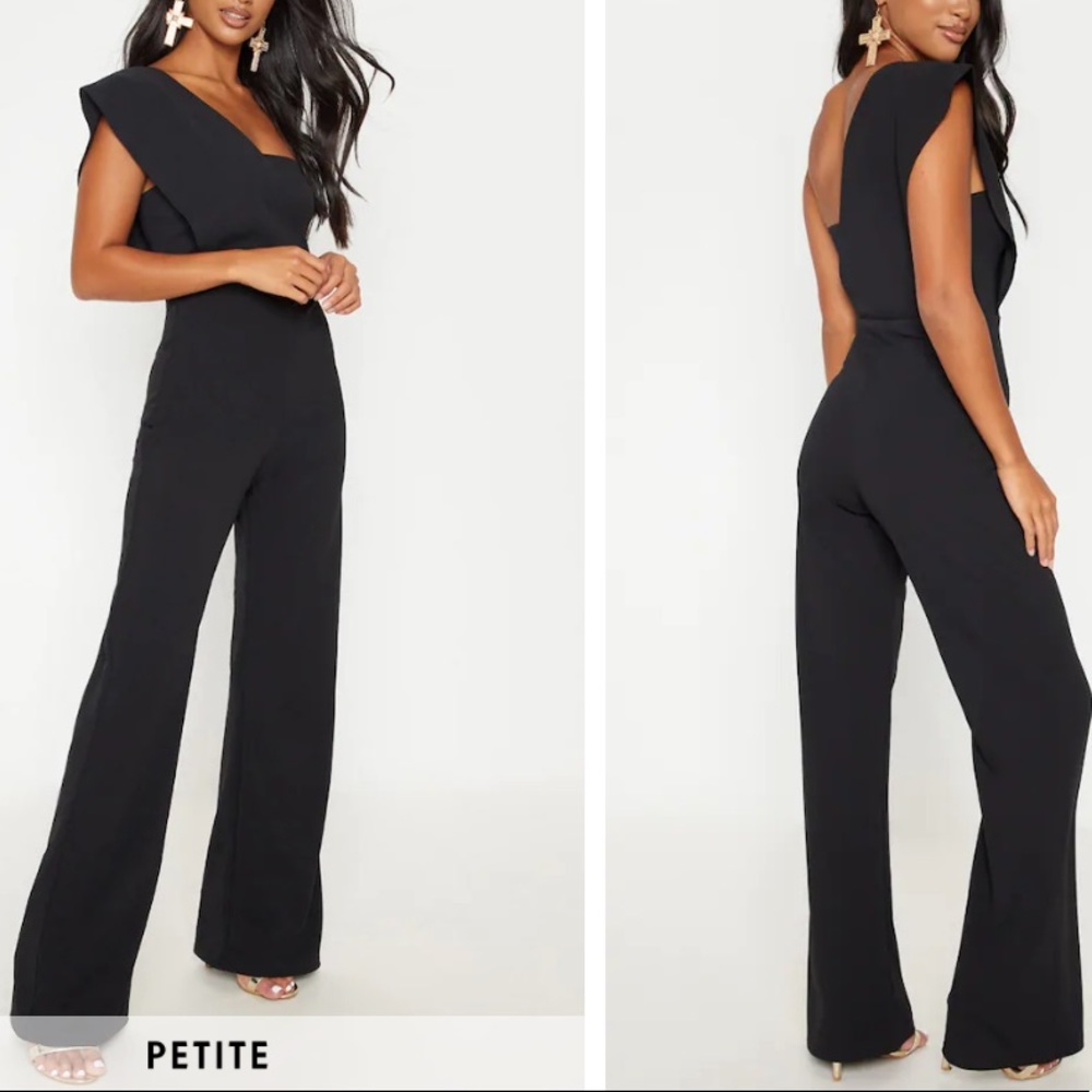 PrettyLittleThing Petite Black Drape One Shoulder Jumpsuit